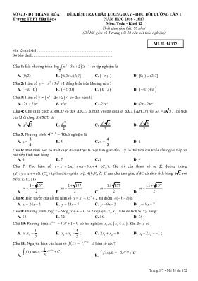 Đề kiểm tra chất lượng dạy - Học bồi dưỡng lần 1 năm học 2016 - 2017 môn Toán khối 12 - Mã đề thi 132